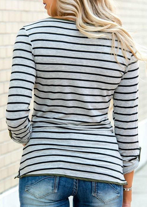 Striped Button Notched Neck Casual Blouse - Gray