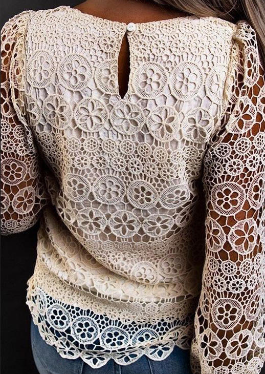 Lace Hollow Out Button Long Sleeve O-Neck Blouse - Apricot