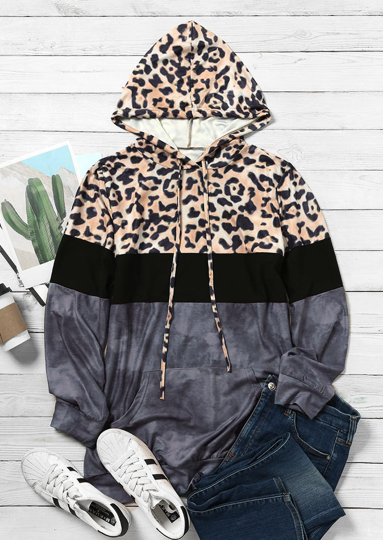 

Hoodies Leopard Drawstring Kangaroo Pocket Pullover Hoodie in Dark Grey. Size