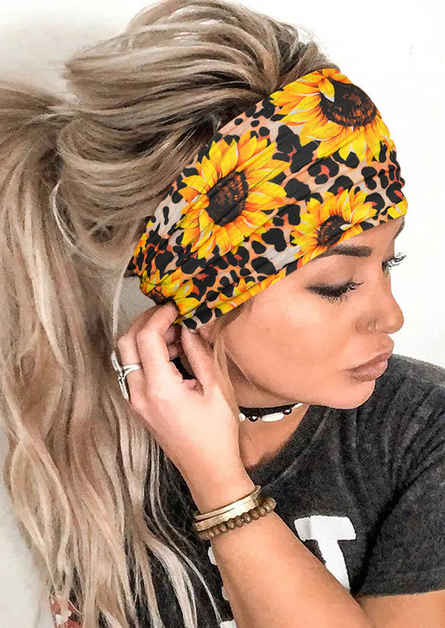 

Leopard Sunflower Elastic Wide Headband in Multicolor. Size