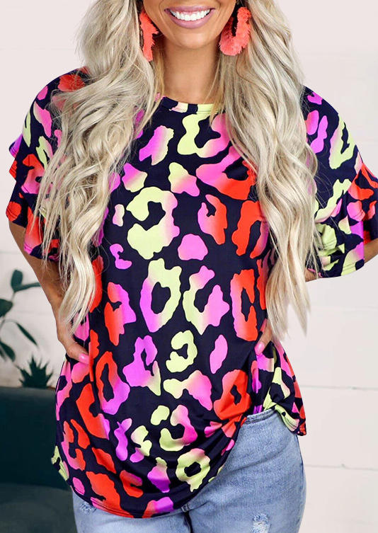 

Blouses Leopard Ruffled Flare Sleeve Blouse in Multicolor. Size