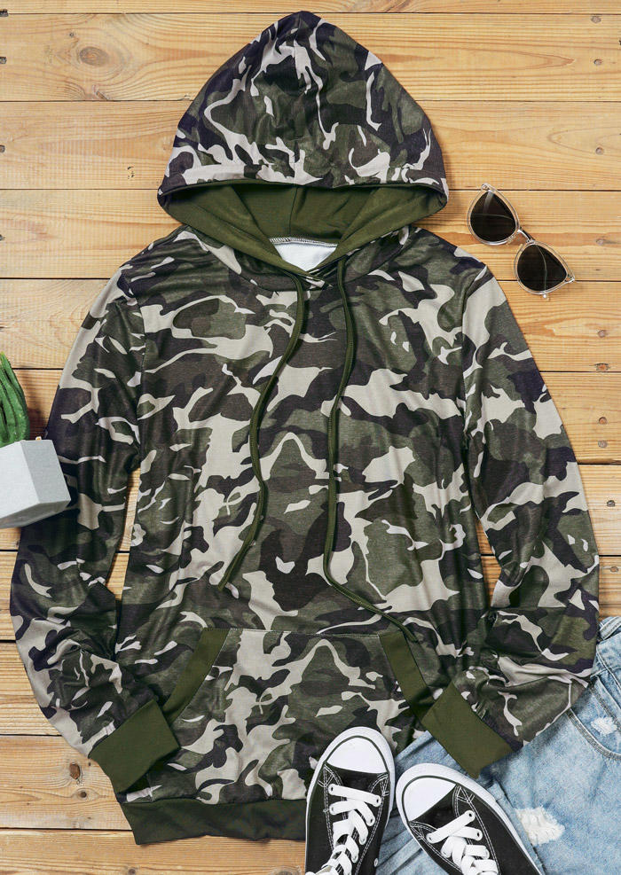 Hoodies Camouflage Pocket Drawstring Long Sleeve Hoodie in Camouflage. Size: S