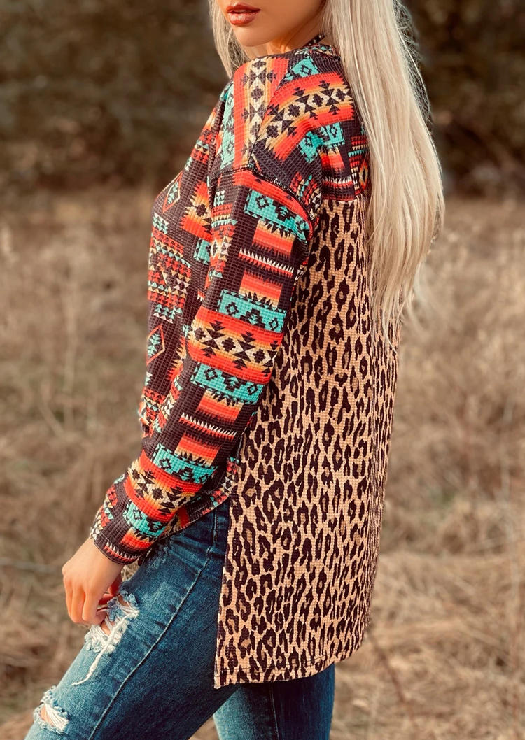 

Blouses Aztec Geometric Leopard Splicing Slit Blouse in Multicolor. Size