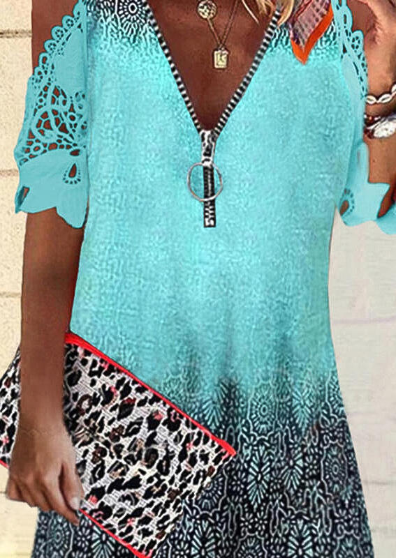 

Mini Dresses Gradient Floral Lace Zipper Collar Cold Shoulder Mini Dress in Green. Size
