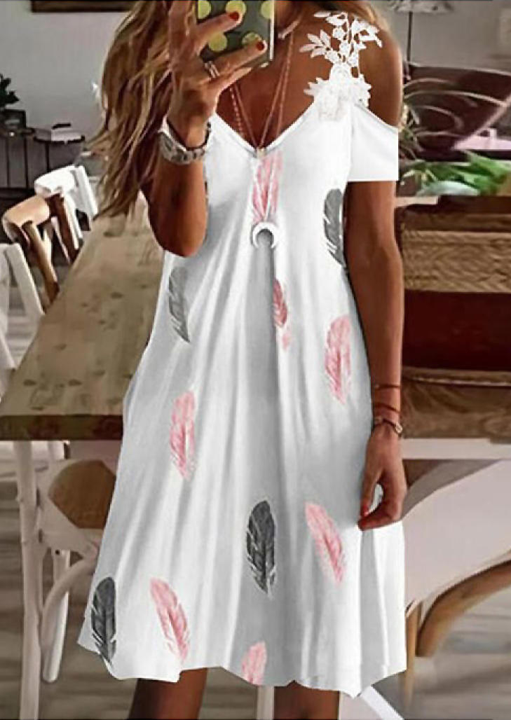 

Mini Dresses Feather Lace Cold Shoulder Tunic Mini Dress in White. Size: ,M,L,XL