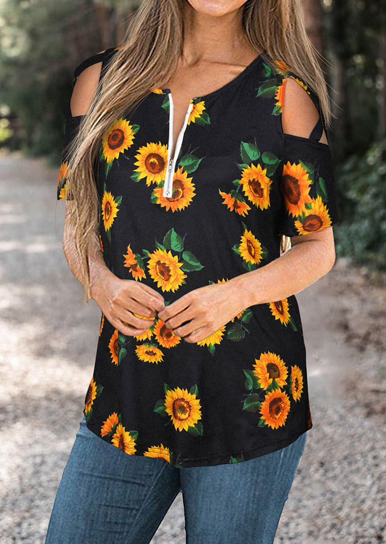 

Blouses Sunflower Criss-Cross Cold Shoulder Zipper Collar Blouse in Black. Size: ,L,XL,2XL