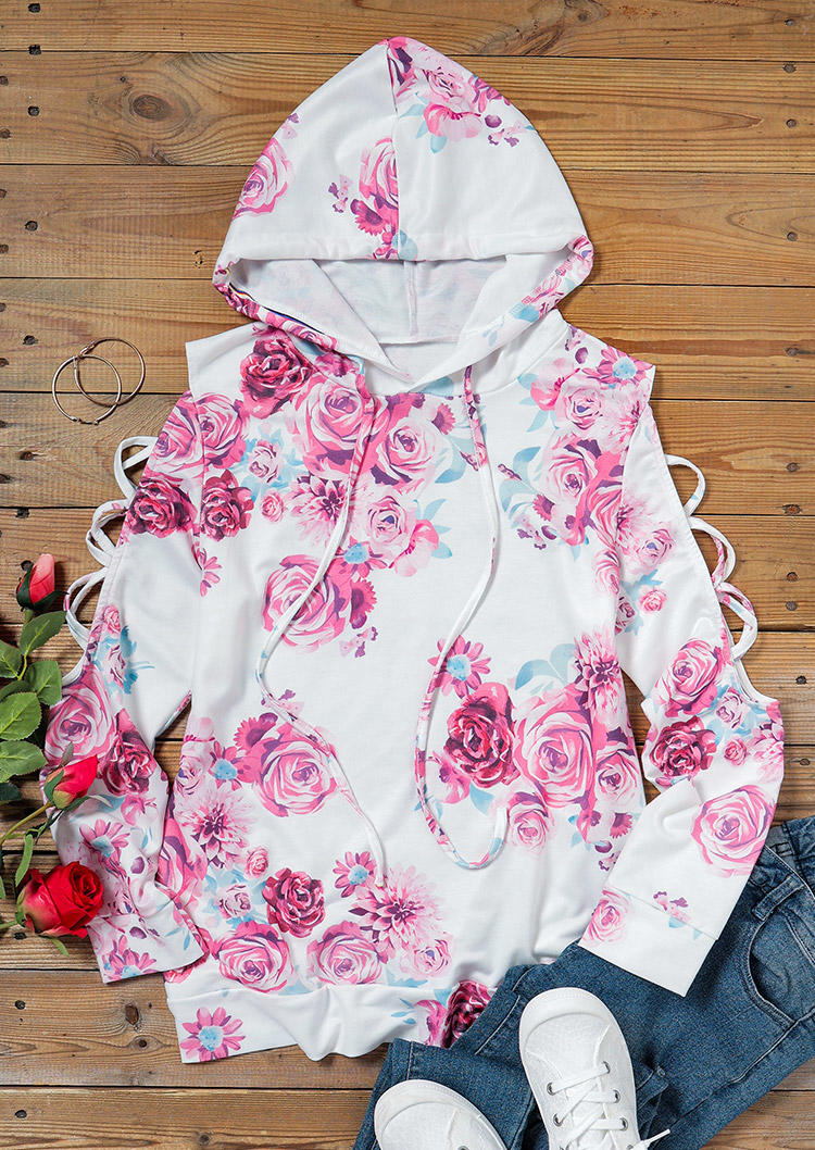 Hoodies Floral Drawstring Cold Shoulder Criss-Cross Hoodie in Multicolor. Size: L,M,S,XL
