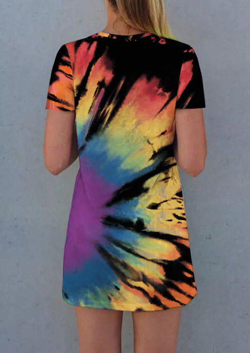 Reverse Tie Dye Rainbow O-Neck Mini Dress