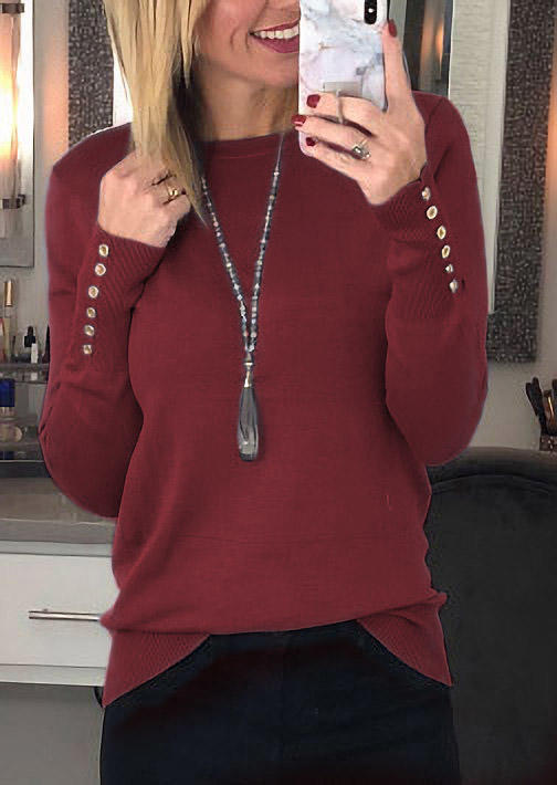 

Sweaters Button O-Neck Long Sleeve Sweater in Burgundy. Size