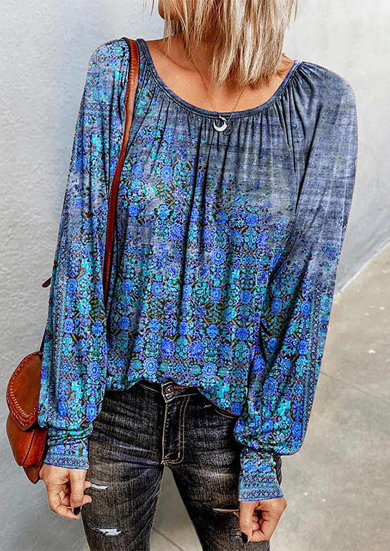 

Blouses Floral Long Sleeve O-Neck Blouse in Blue. Size