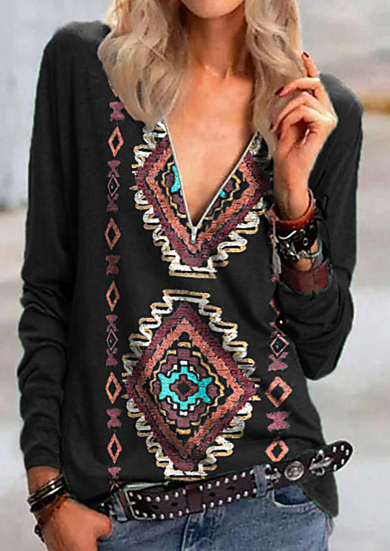 

Blouses Aztec Geometric Zipper V-Neck Blouse in Black. Size: ,M,L,XL