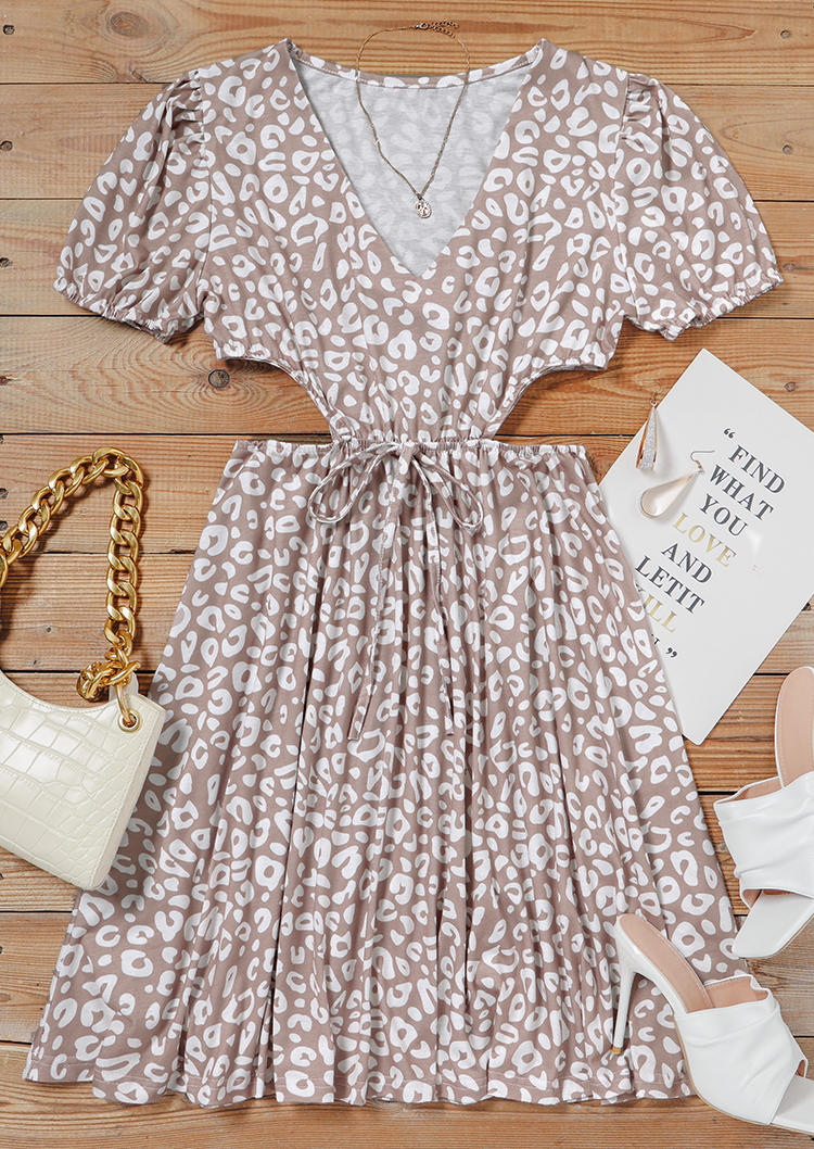 

Mini Dresses Leopard Tie Hollow Out Mini Dress in Light Coffee. Size