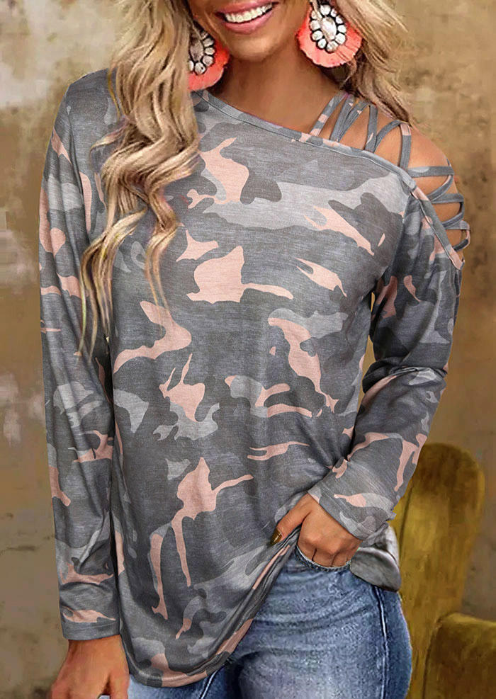 Camouflage Criss-Cross One Sided Cold Shoulder Blouse