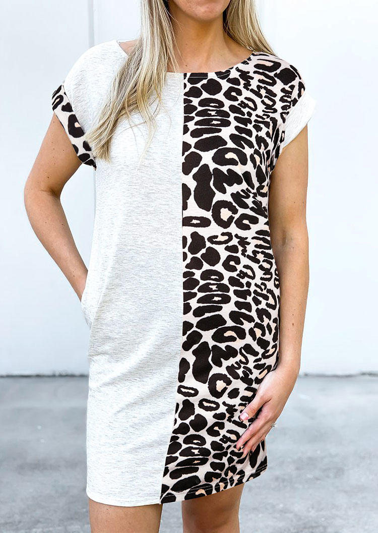 Mini Dresses Leopard Splicing Pocket Short Sleeve Mini Dress in Leopard. Size: S,L