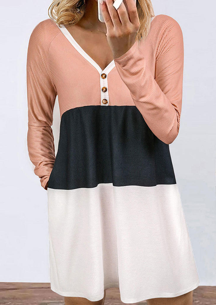 Color Block Button Long�0�2Sleeve V-Neck Mini Dress