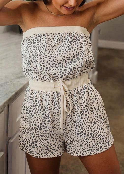 

Jumpsuits & Rompers Leopard Drawstring Bandeau Strapless Romper in Beige. Size