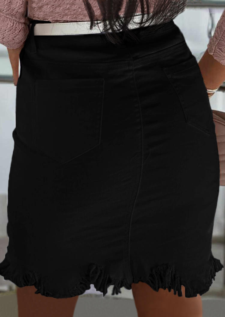 

Skirts Distressed Frayed Hem Button Slim Denim Skirt in Black. Size
