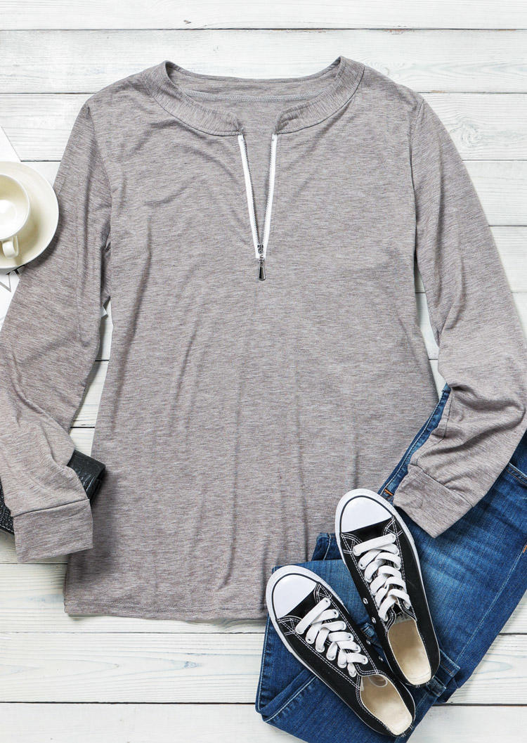 Blouses Casual Long Sleeve Zipper Collar Blouse in Gray. Size: S