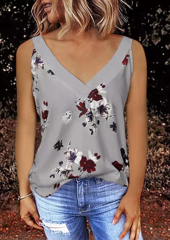 

Tank Tops Floral Sleeveless V-Neck Tank Top in Gray. Size