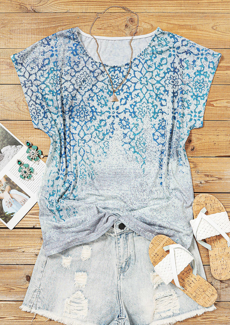 

Blouses Floral Short Sleeve O-Neck Casual Blouse in Gray. Size