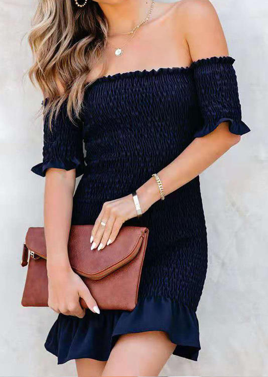 

Bodycon Dresses Smocked Ruffled Off Shoulder Bodycon Dress in Navy Blue. Size