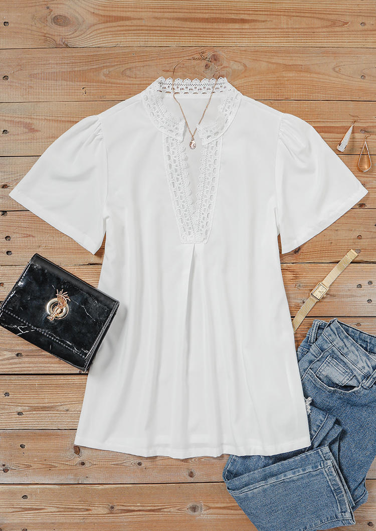 

Blouses Lace Notched Neck Short Sleeve Blouse in White. Size