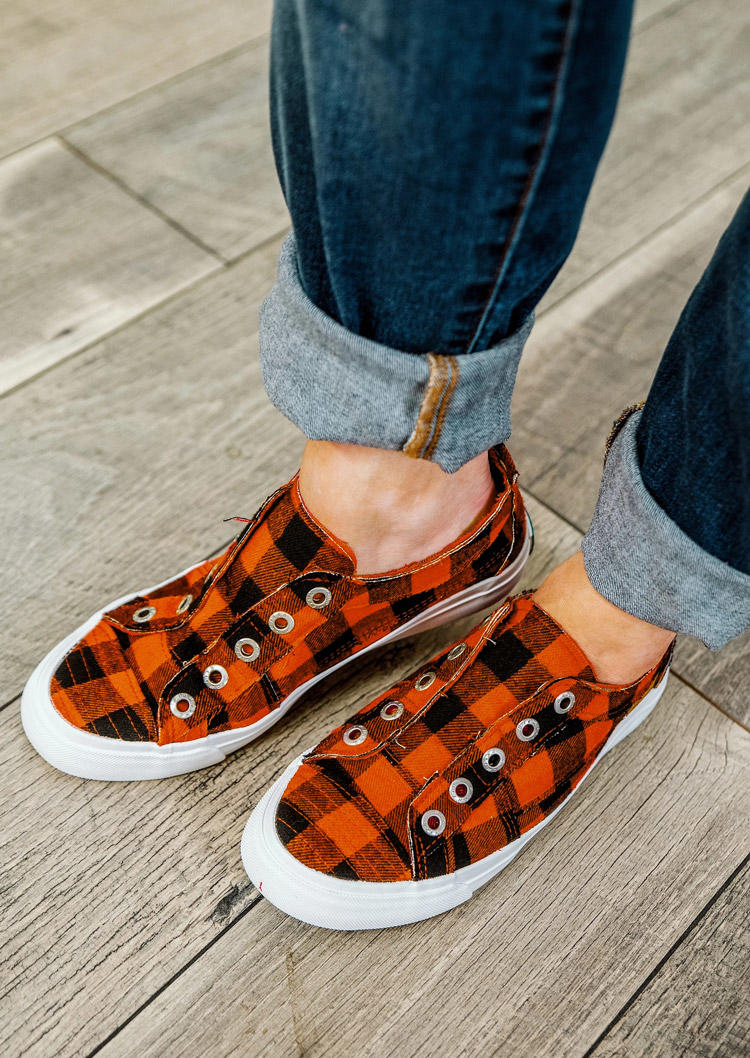 Plaid Slip On Round Toe Sneakers - Orange