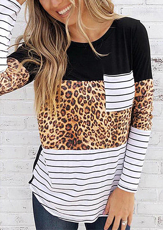 

Leopard Striped Splicing Pocket Casual Blouse, 512907