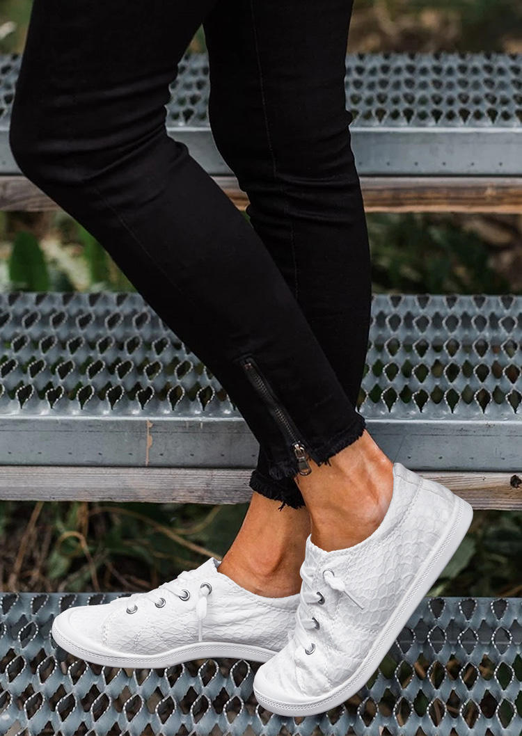 

Sneakers Lace Up Slip On Round Toe Flat Sneakers in White. Size