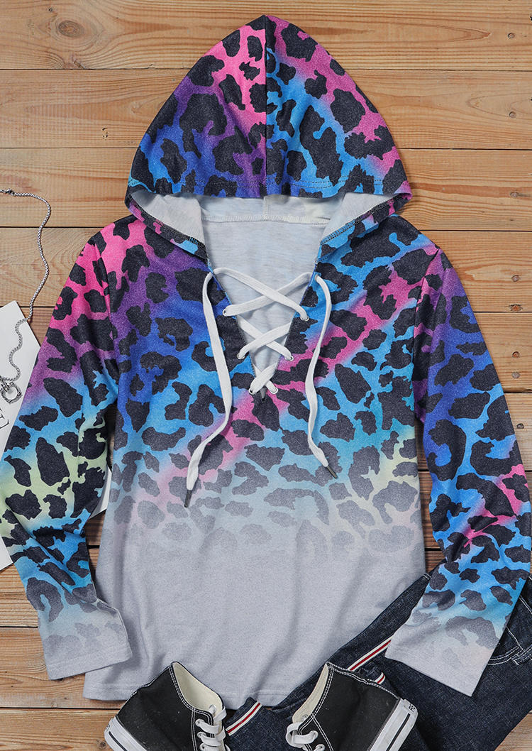 Hoodies Gradient Leopard Lace Up Long Sleeve Hoodie in Multicolor. Size: S,M,L