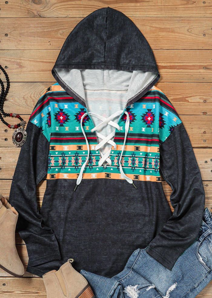

Hoodies Aztec Geometric Lace Up Long Sleeve Hoodie in Multicolor. Size