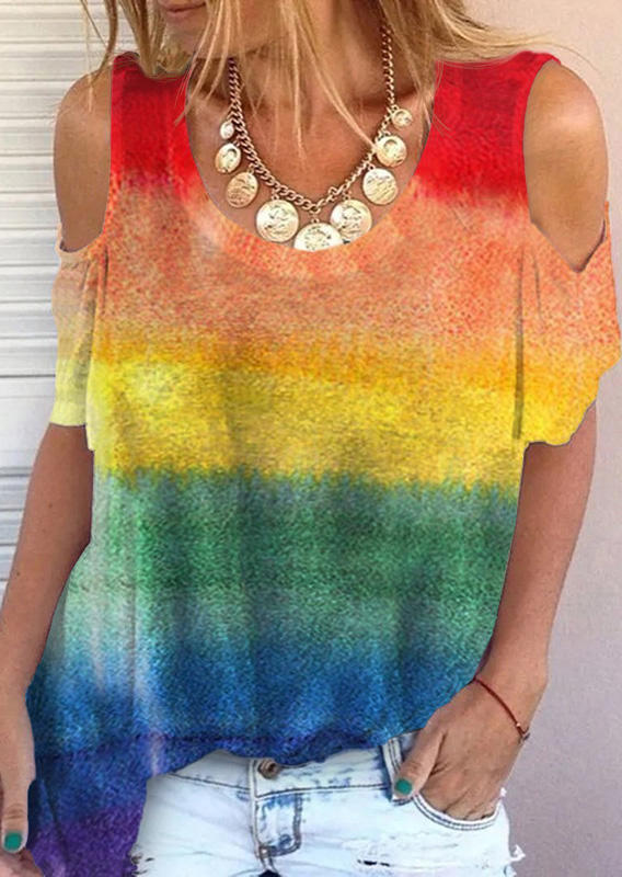 

Blouses Gradient Colorful Striped Cold Shoulder Blouse in Multicolor. Size
