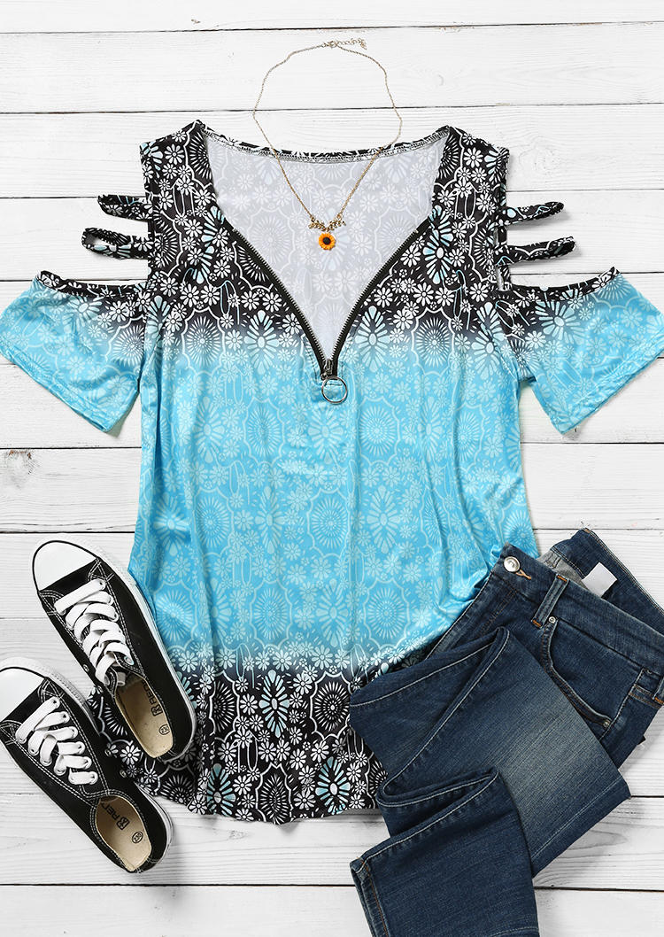 

Blouses Floral Gradient Zipper Collar Cold Shoulder Blouse in Light Blue. Size