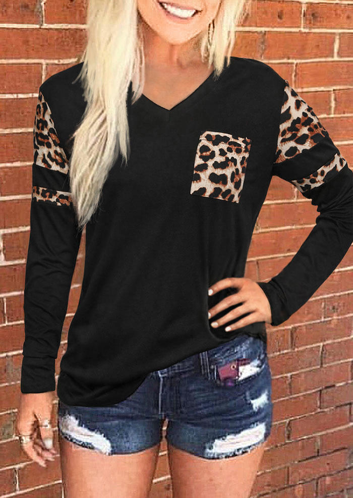 

T-shirts Tees Leopard Long Sleeve V-Neck T-Shirt Tee in Black. Size