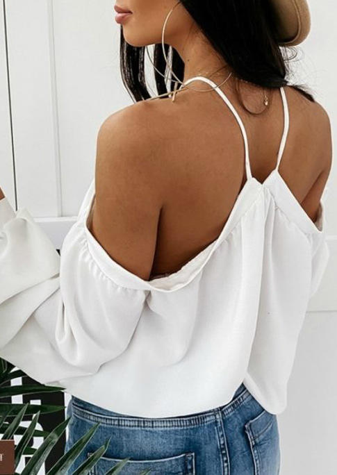 

Blouses Leopard Heart Halter Cold Shoulder Blouse in White. Size