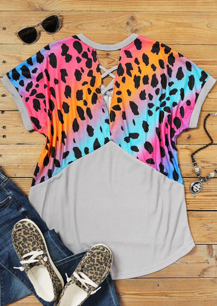 

Blouses Colorful Gradient Leopard Criss-Cross Blouse in Leopard. Size