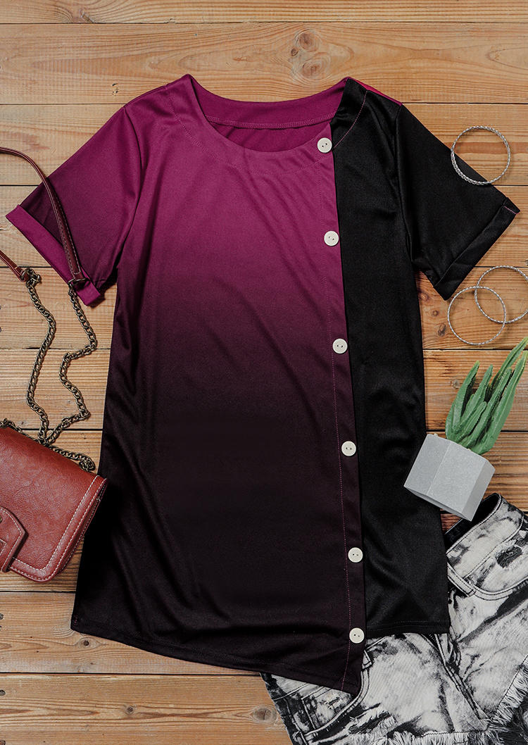 

Blouses Gradient Button O-Neck Casual Blouse in Multicolor. Size