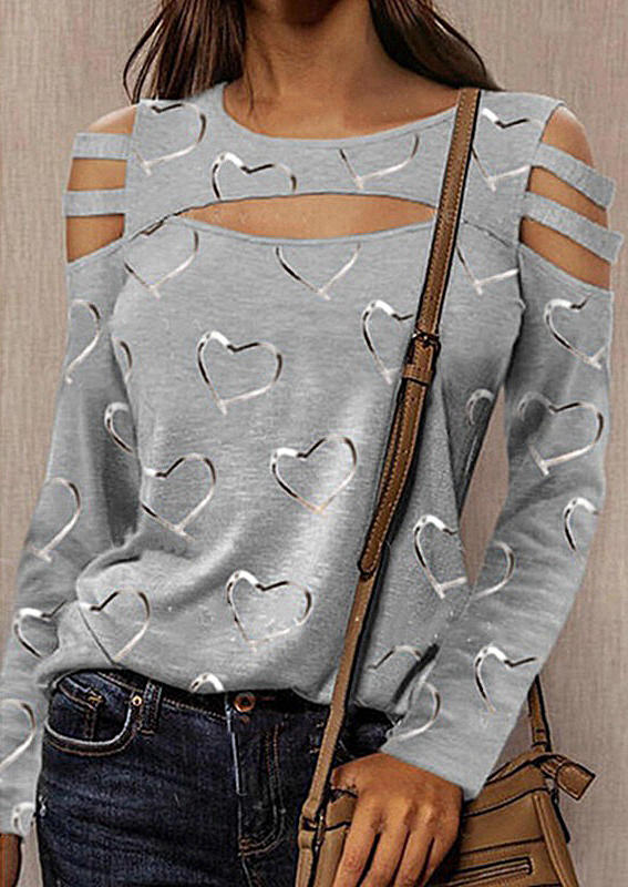 

Blouses Love Heart Hollow Out Long Sleeve Blouse in Gray. Size: ,M