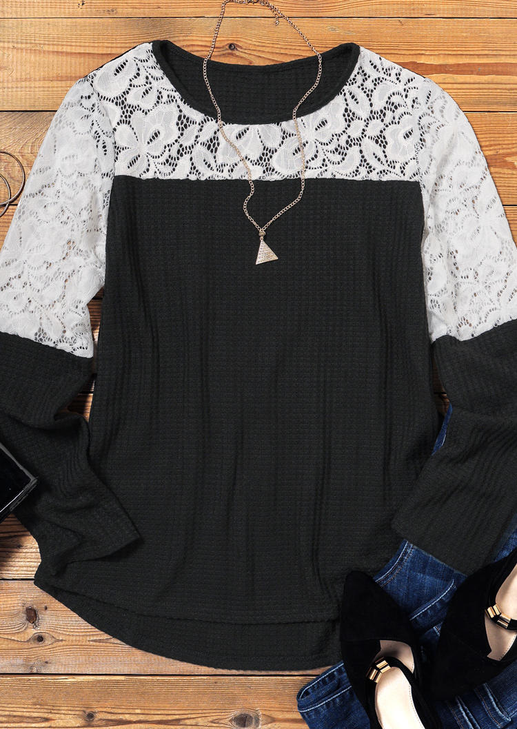 Blouses Lace Splicing Waffle Long Sleeve Blouse in Black. Size: M,L