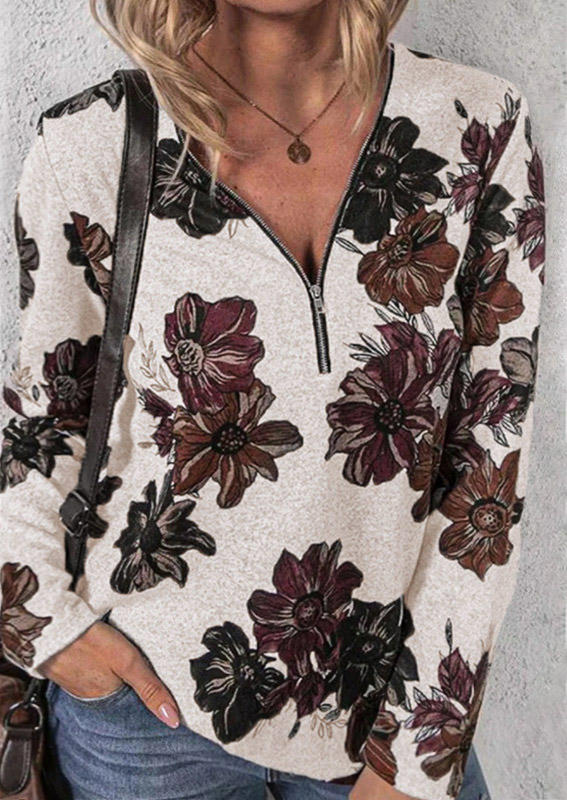 

Blouses Flower Zipper Collar Long Sleeve Blouse in Multicolor. Size