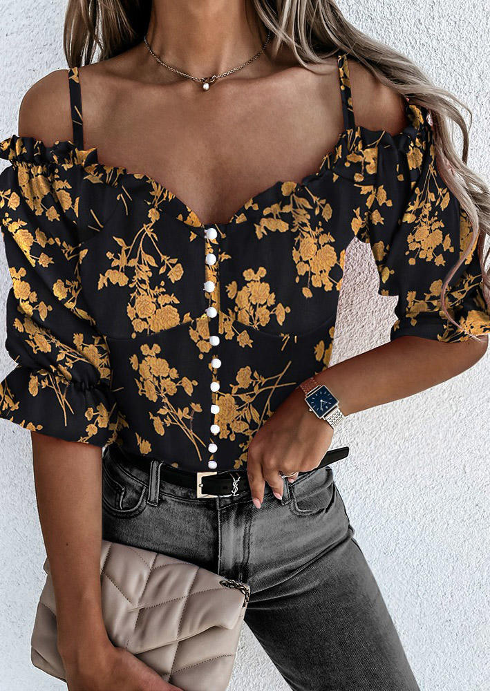 

Blouses Floral Ruffled Button Spaghetti Strap Cold Shoulder Blouse in Black. Size: ,M,L,XL