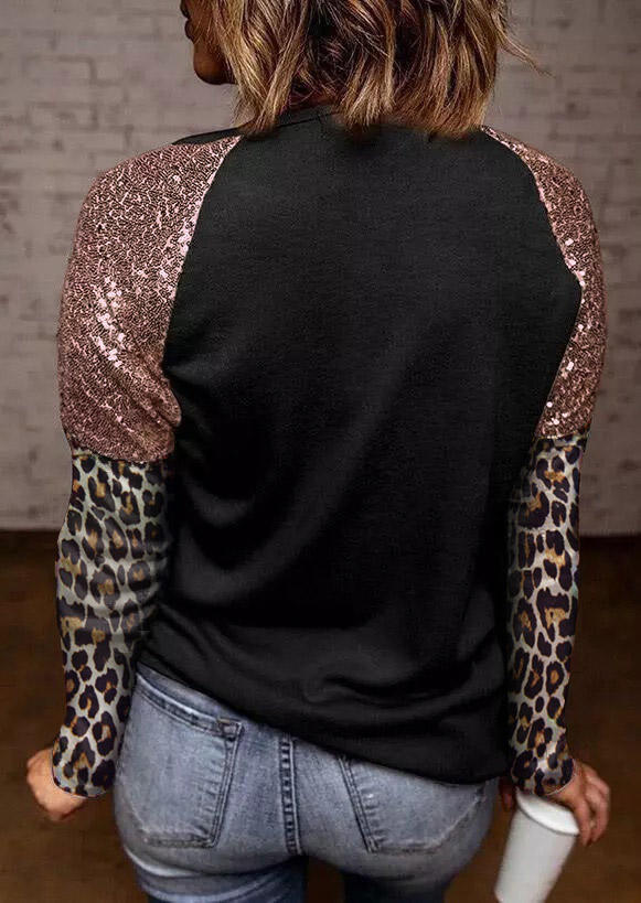 

Blouses Leopard Sequined Splicing Long Sleeve Blouse in Black. Size