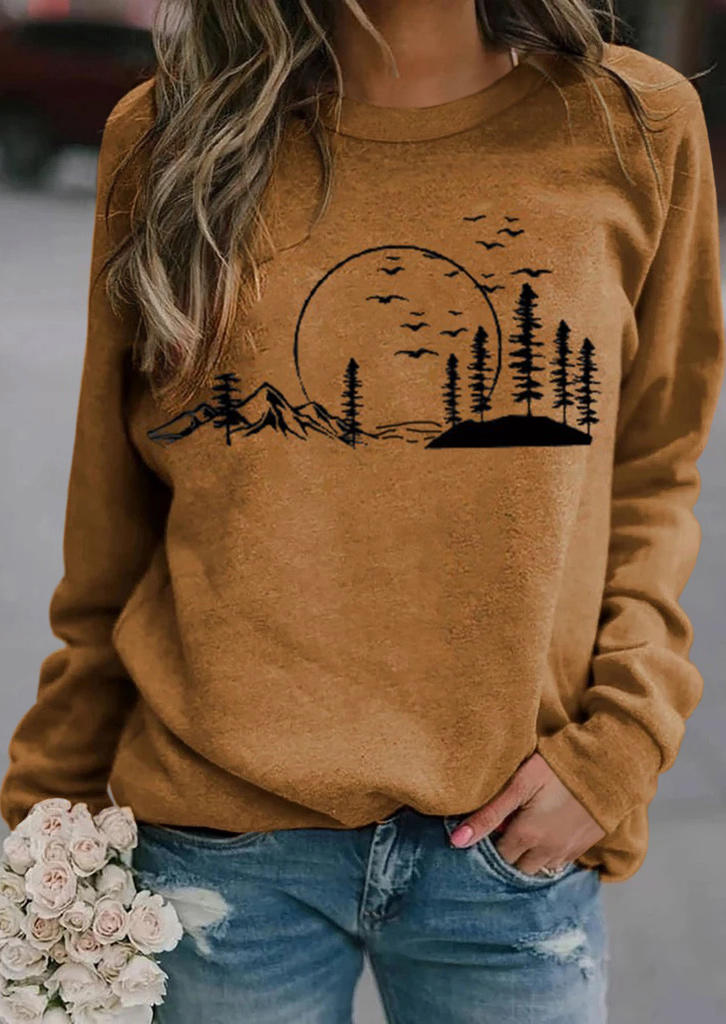 

T-shirts Tees Tree Mountain Sunset Long Sleeve T-Shirt Tee in Light Brown. Size: ,M,L,XL