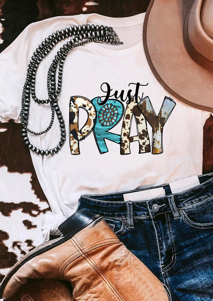 T-shirts Tees Just Pray Turquoise Cow T-Shirt Tee in White. Size: L