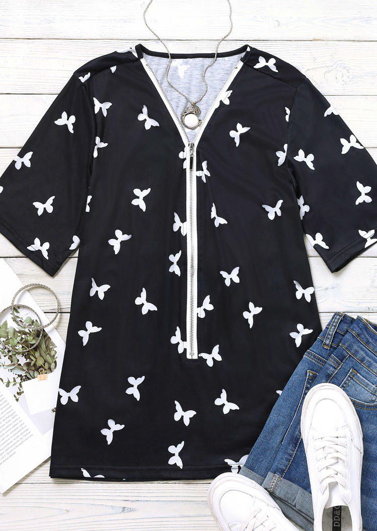 

Blouses Butterfly Zipper Collar Casual Blouse in Black. Size