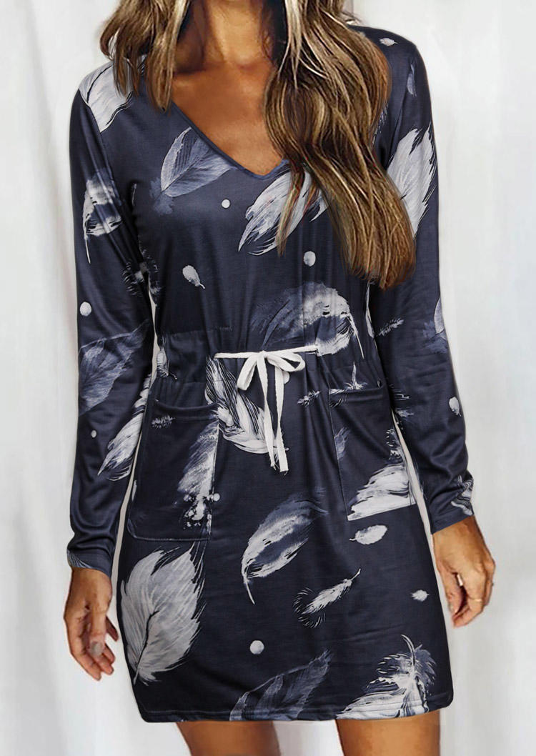 

Mini Dresses Feather Drawstring Pocket V-Neck Mini Dress in Dark Grey. Size