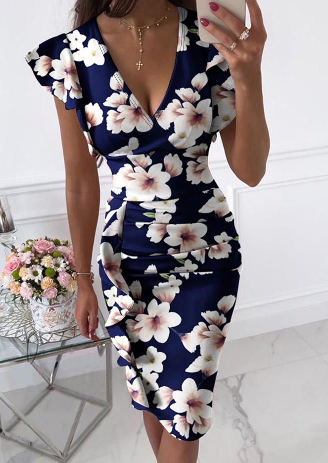 

Bodycon Dresses Floral Ruched Deep-V-Neck Bodycon Dress in Navy Blue. Size