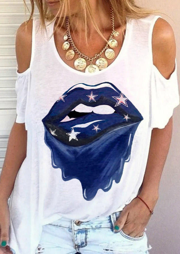 

Blouses Lips Star Cold Shoulder O-Neck Blouse in White. Size