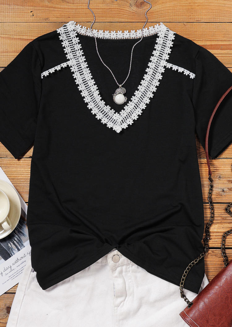 

Blouses Lace V-Neck Short Sleeve Blouse in Black. Size