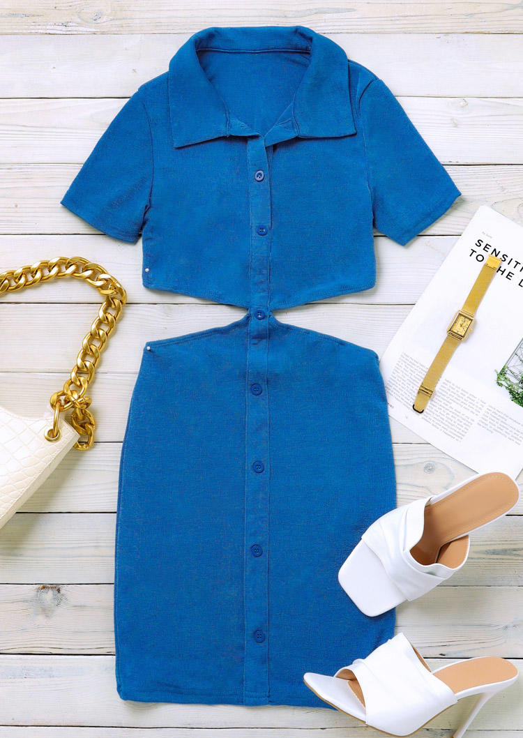 

Bodycon Dresses Button Hollow Out One-Piece Bodycon Dress in Blue. Size